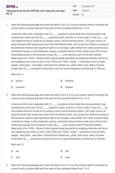Tổng hợp bộ đề thi thử THPTQG môn Tiếng Anh các năm Đề 14