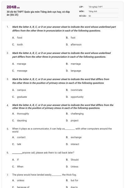 30 đề thi THPT Quốc gia môn Tiếng Anh cực hay, có đáp án (Đề 25)