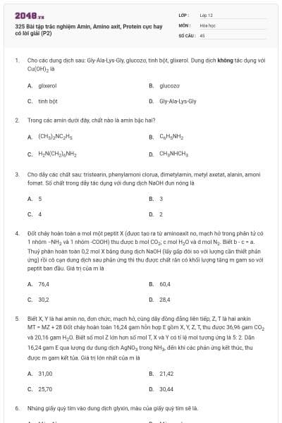 325 Bài tập trắc nghiệm Amin, Amino axit, Protein cực hay có lời giải (P2)