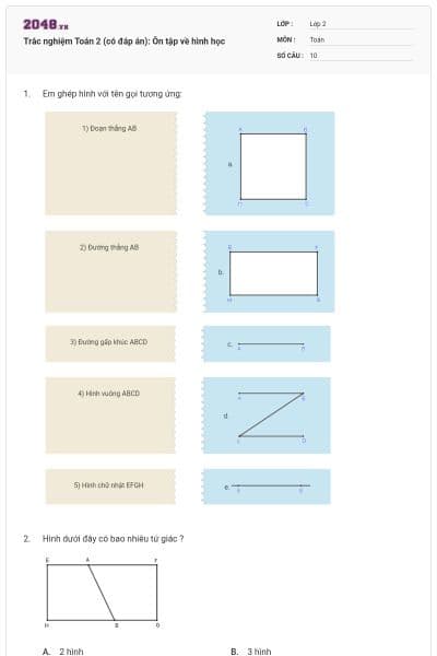 Trắc nghiệm Toán 2 (có đáp án): Ôn tập về hình học