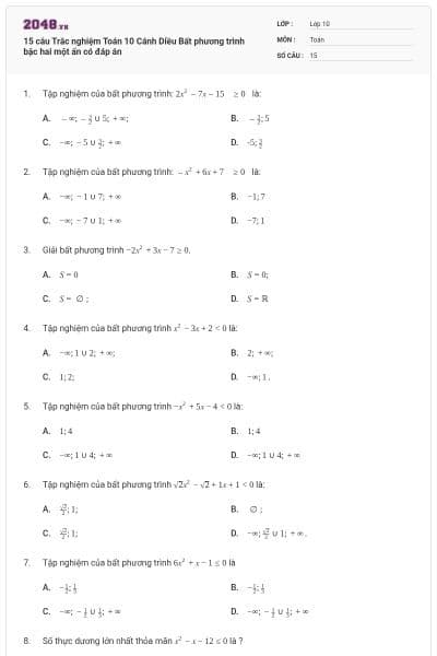 15 câu Trắc nghiệm Toán 10 Cánh Diều Bất phương trình bậc hai một ẩn có đáp án