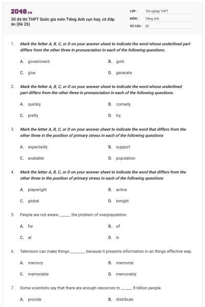 30 đề thi THPT Quốc gia môn Tiếng Anh cực hay, có đáp án (Đề 26)