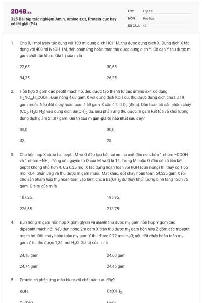 325 Bài tập trắc nghiệm Amin, Amino axit, Protein cực hay có lời giải (P4)