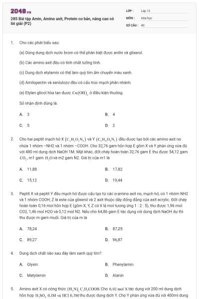285 Bài tập Amin, Amino axit, Protein cơ bản, nâng cao có lời giải (P2)