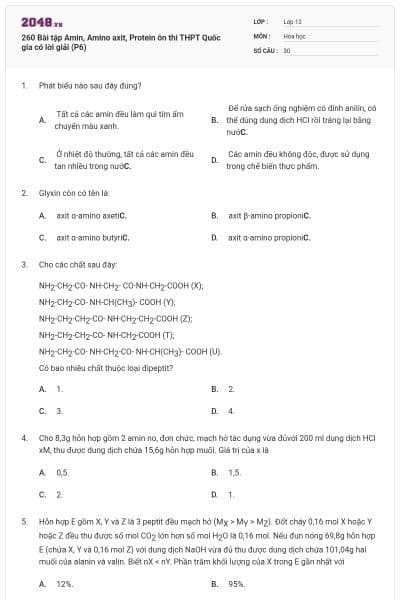 260 Bài tập Amin, Amino axit, Protein ôn thi THPT Quốc gia có lời giải (P6)