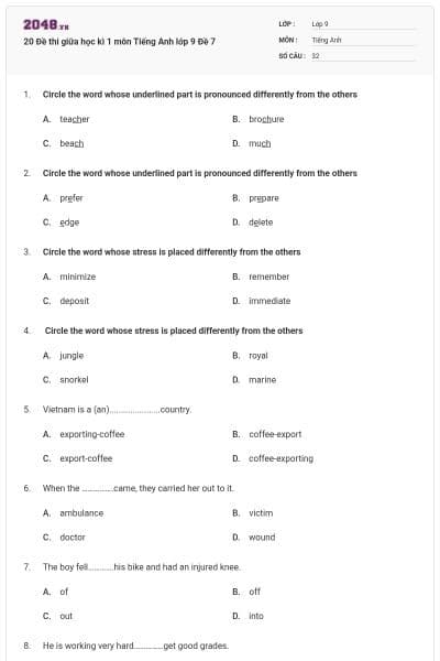 20 Đề thi giữa học kì 1 môn Tiếng Anh lớp 9 Đề 7