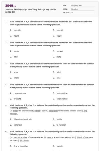 30 đề thi THPT Quốc gia môn Tiếng Anh cực hay, có đáp án (Đề 29)