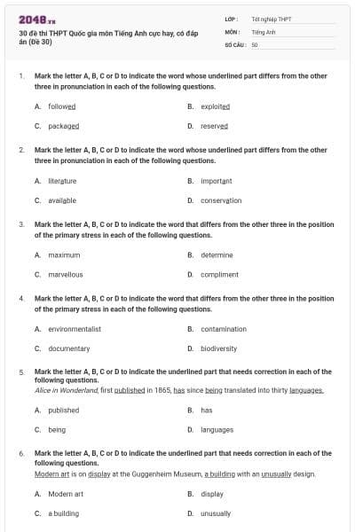 30 đề thi THPT Quốc gia môn Tiếng Anh cực hay, có đáp án (Đề 30)