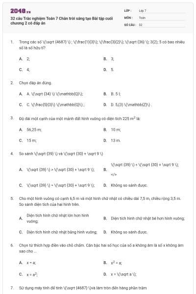 32 câu Trắc nghiệm Toán 7 Chân trời sáng tạo Bài tập cuối chương 2 có đáp án