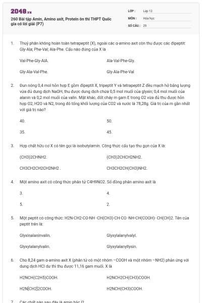 260 Bài tập Amin, Amino axit, Protein ôn thi THPT Quốc gia có lời giải (P7)