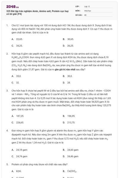 325 Bài tập trắc nghiệm Amin, Amino axit, Protein cực hay có lời giải (P4)