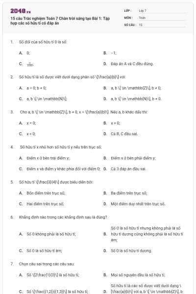 15 câu Trắc nghiệm Toán 7 Chân trời sáng tạo Bài 1: Tập hợp các số hữu tỉ có đáp án