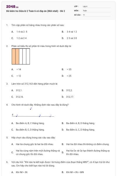 Đề kiểm tra Giữa kì 2 Toán 6 có đáp án (Mới nhất) - Đề 2