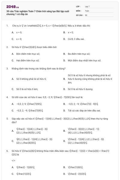 30 câu Trắc nghiệm Toán 7 Chân trời sáng tạo Bài tập cuối chương 1 có đáp án