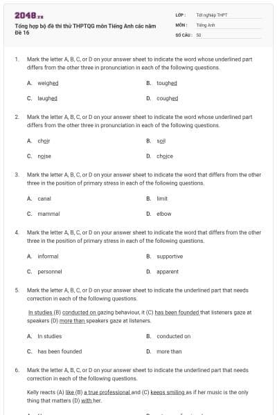 Tổng hợp bộ đề thi thử THPTQG môn Tiếng Anh các năm Đề 16
