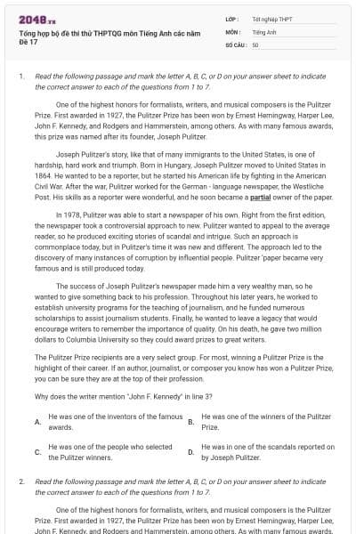 Tổng hợp bộ đề thi thử THPTQG môn Tiếng Anh các năm Đề 17