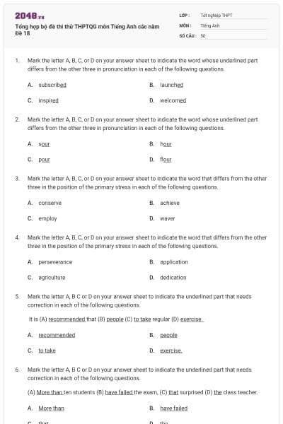 Tổng hợp bộ đề thi thử THPTQG môn Tiếng Anh các năm Đề 18