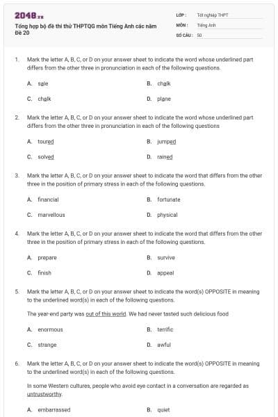 Tổng hợp bộ đề thi thử THPTQG môn Tiếng Anh các năm Đề 20