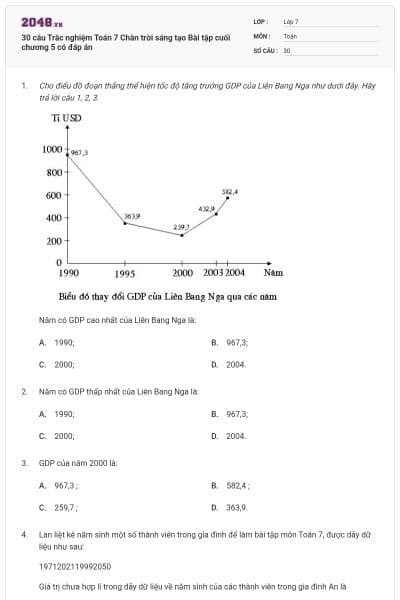 30 câu Trắc nghiệm Toán 7 Chân trời sáng tạo Bài tập cuối chương 5 có đáp án
