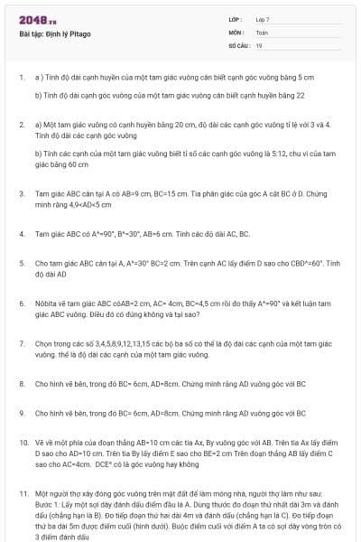 Bài tập: Định lý Pitago