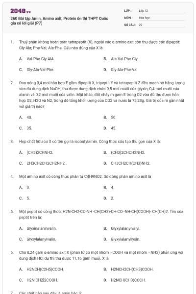 260 Bài tập Amin, Amino axit, Protein ôn thi THPT Quốc gia có lời giải (P7)