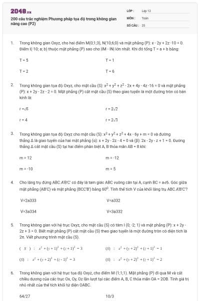 200 câu trắc nghiệm Phương pháp tọa độ trong không gian nâng cao (P2)