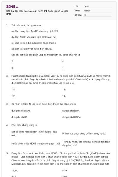 330 Bài tập Hóa học vô cơ ôn thi THPT Quốc gia có lời giải (P4)