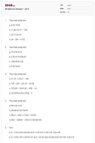 Đề kiểm tra chương 1 - Số 5