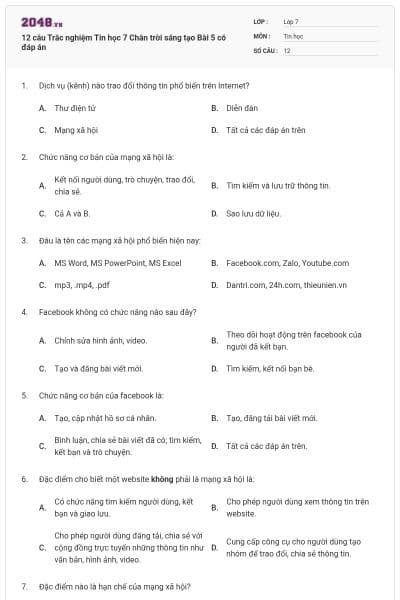 12 câu Trắc nghiệm Tin học 7 Chân trời sáng tạo Bài 5 có đáp án