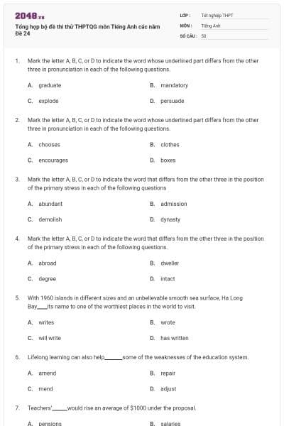 Tổng hợp bộ đề thi thử THPTQG môn Tiếng Anh các năm Đề 24