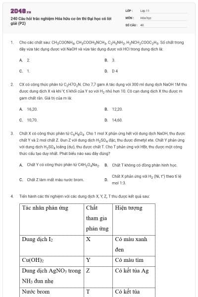 240 Câu hỏi trắc nghiệm Hóa hữu cơ ôn thi Đại học có lời giải (P2)