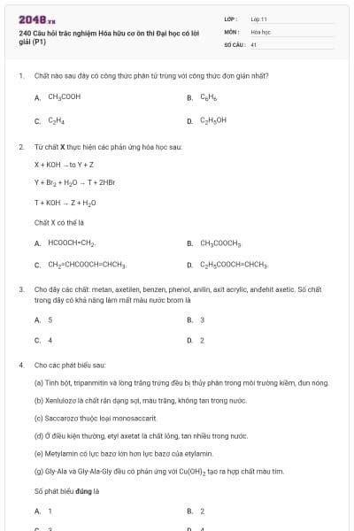 240 Câu hỏi trắc nghiệm Hóa hữu cơ ôn thi Đại học có lời giải (P1)