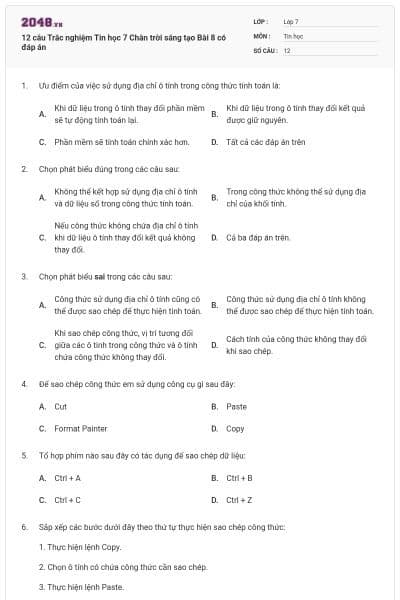 12 câu Trắc nghiệm Tin học 7 Chân trời sáng tạo Bài 8 có đáp án