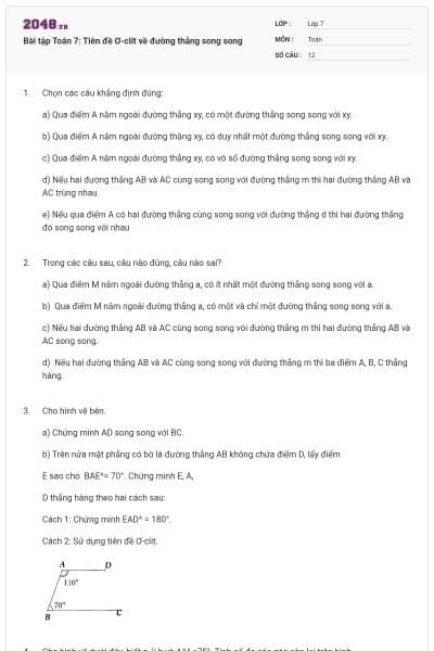 Bài tập Toán 7: Tiên đề Ơ-clít về đường thẳng song song