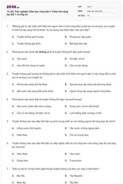 15 câu Trắc nghiệm Giáo dục công dân 7 Chân trời sáng tạo Bài 1 có đáp án