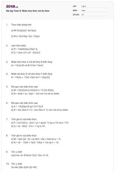 Bài tập Toán 8: Nhân đơn thức với đa thức