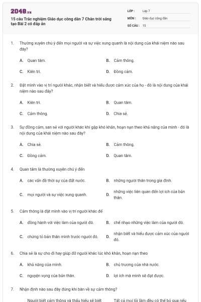 15 câu Trắc nghiệm Giáo dục công dân 7 Chân trời sáng tạo Bài 2 có đáp án