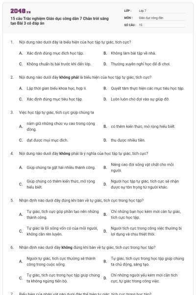 15 câu Trắc nghiệm Giáo dục công dân 7 Chân trời sáng tạo Bài 3 có đáp án