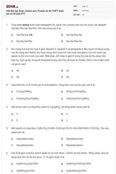 260 Bài tập Amin, Amino axit, Protein ôn thi THPT Quốc gia có lời giải (P7)