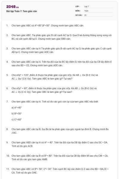 Bài tập Toán 7: Tam giác cân