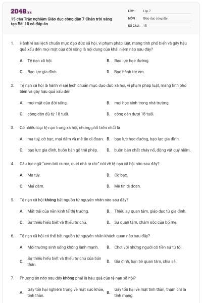 15 câu Trắc nghiệm Giáo dục công dân 7 Chân trời sáng tạo Bài 10 có đáp án