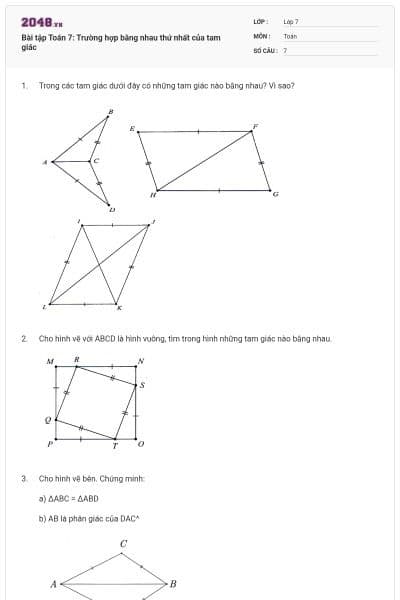 Bài tập Toán 7: Trường hợp bằng nhau thứ nhất của tam giác