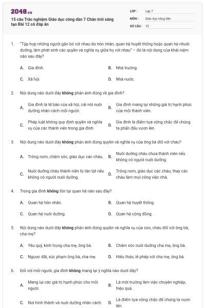 15 câu Trắc nghiệm Giáo dục công dân 7 Chân trời sáng tạo Bài 12 có đáp án