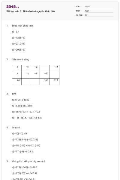 Bài tập toán 6 : Nhân hai số nguyên khác dấu