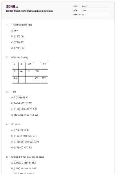 Bài tập toán 6 : Nhân hai số nguyên cùng dấu