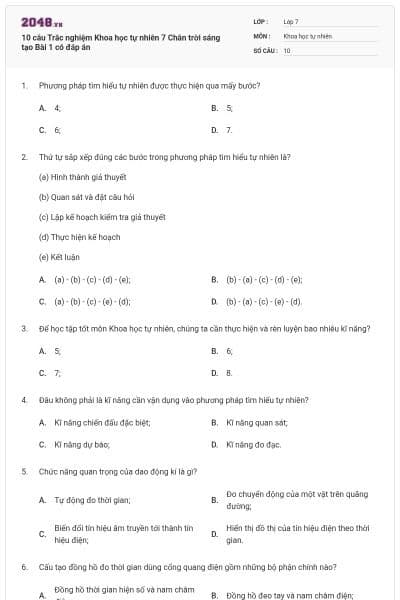 10 câu Trắc nghiệm Khoa học tự nhiên 7 Chân trời sáng tạo Bài 1 có đáp án