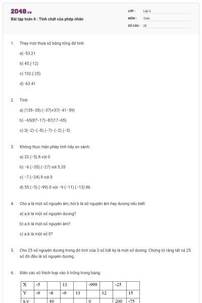 Bài tập toán 6 : Tính chất của phép nhân