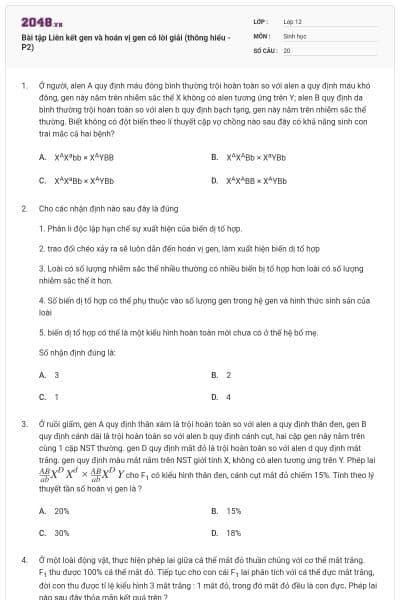Bài tập Liên kết gen và hoán vị gen có lời giải (thông hiểu - P2)