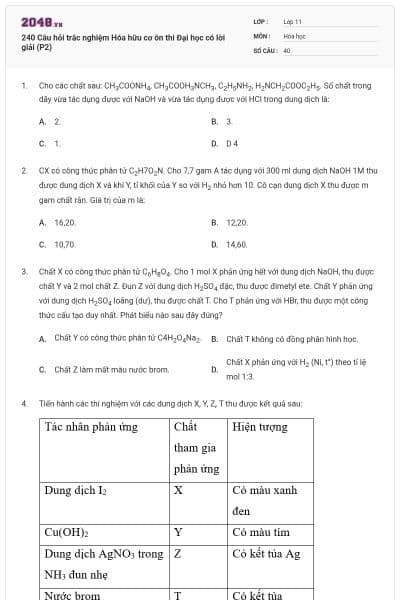 240 Câu hỏi trắc nghiệm Hóa hữu cơ ôn thi Đại học có lời giải (P2)