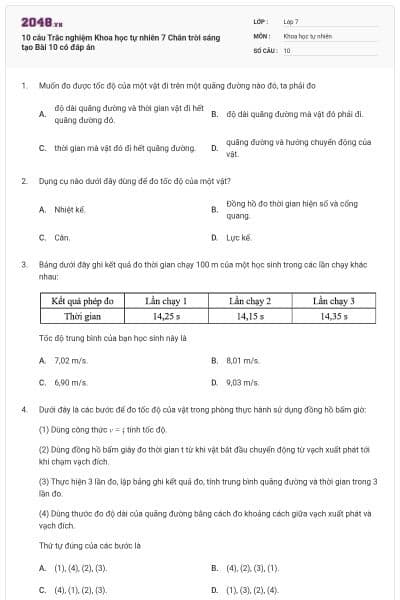 10 câu Trắc nghiệm Khoa học tự nhiên 7 Chân trời sáng tạo Bài 10 có đáp án